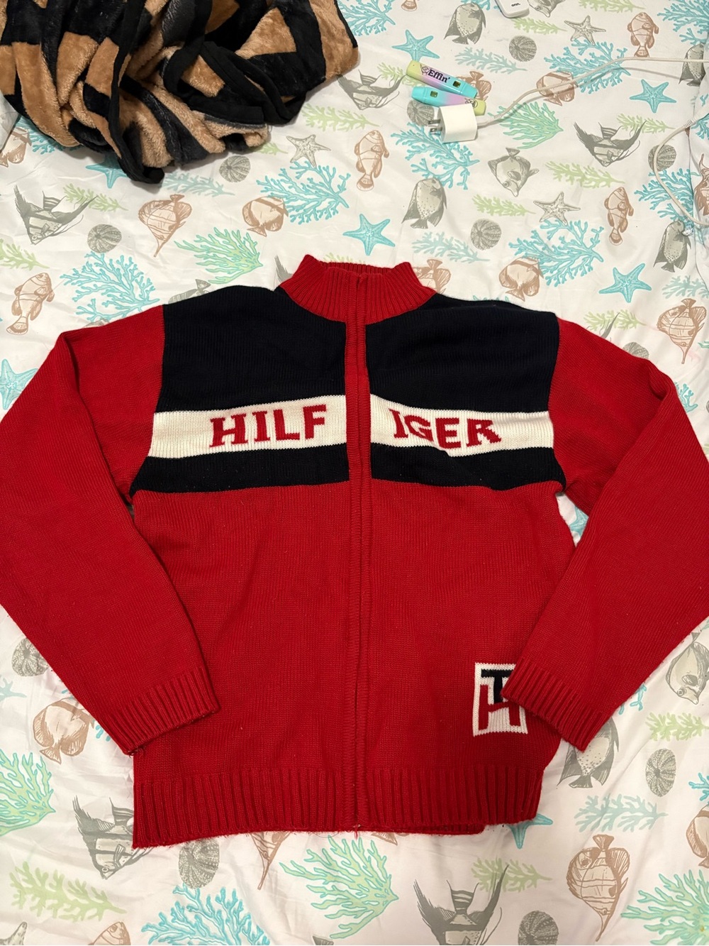 Tommy Hilfiger Red, Navy and White Zip-Up Knit Sweater